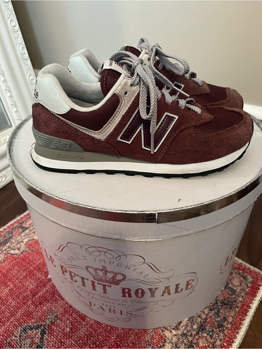 NEW BALANCE 574 Burgundy and Gray Suede Sneakers